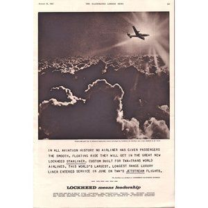 1957 Lockheed Starliner Airplane in Clouds Over Ocean Vintage Print Ad Wall Art